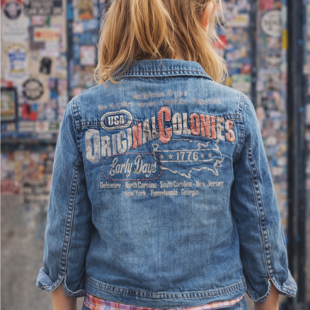 Vintage United Colors Of Benetton Blue Denim Embroidered Kids Pearl Snap Shirt